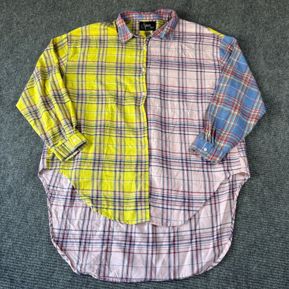 Spoon Jeans Womens XL Colorblock Plaid Flannel Shirt Yellow Pink Blue High Low